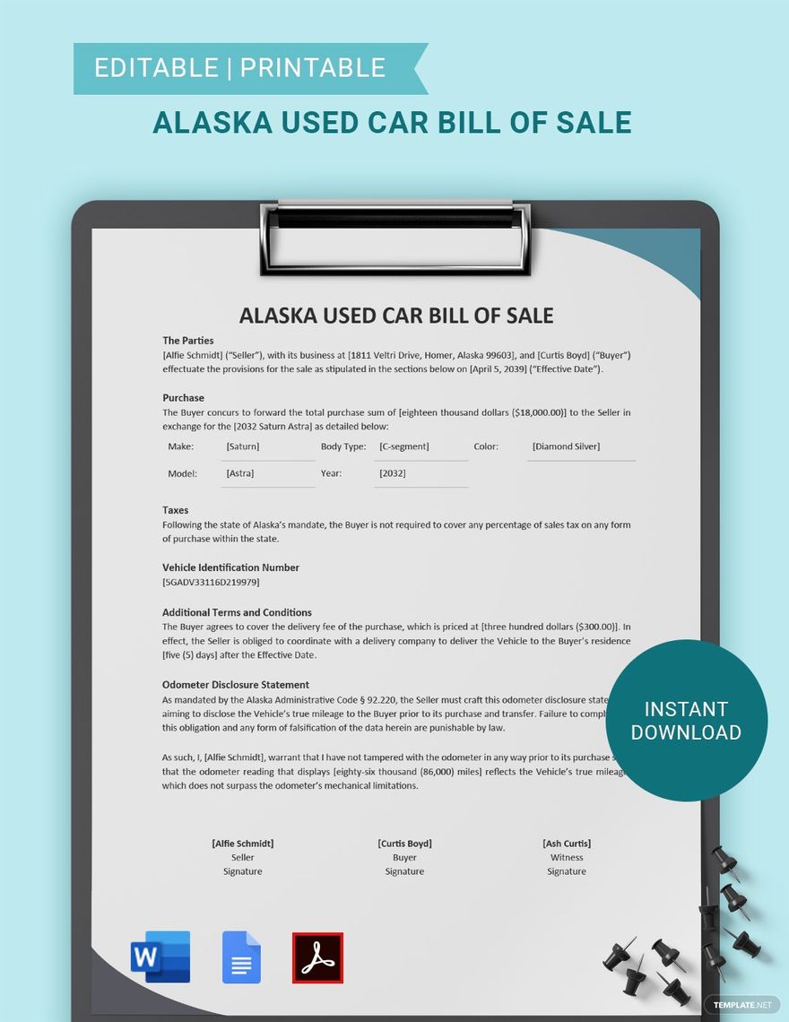 Alaska Used Car Bill of Sale Template
