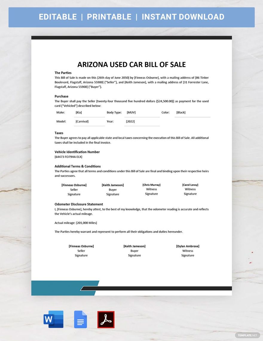 Arizona Used Car Bill of Sale Template