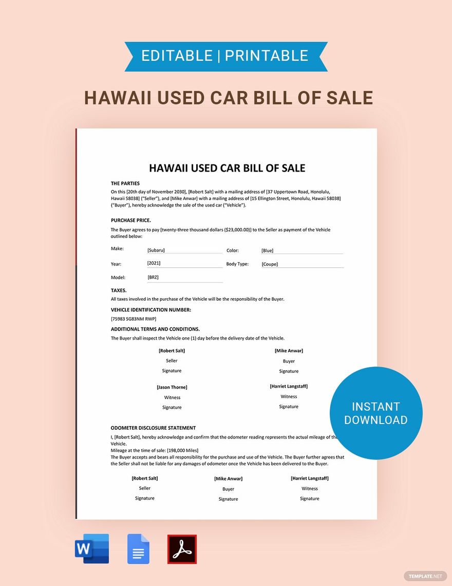 Hawaii Used Car Bill of Sale Template