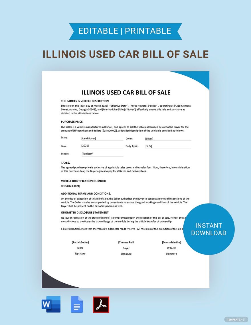 Illinois Used Car Bill Of Sale Form Template