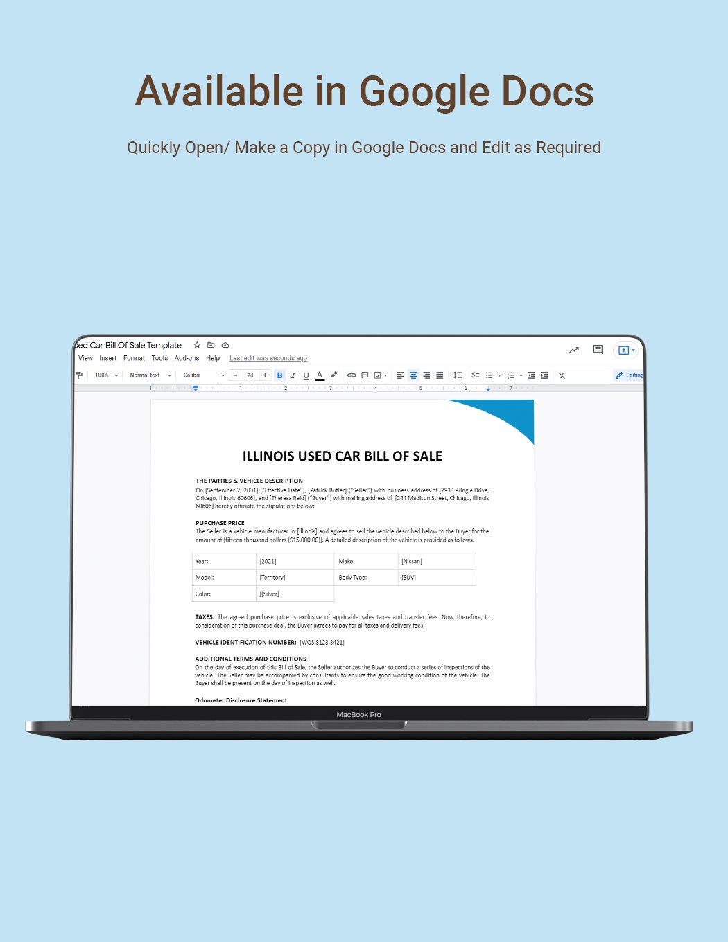 Illinois Used Car Bill Of Sale Form Template