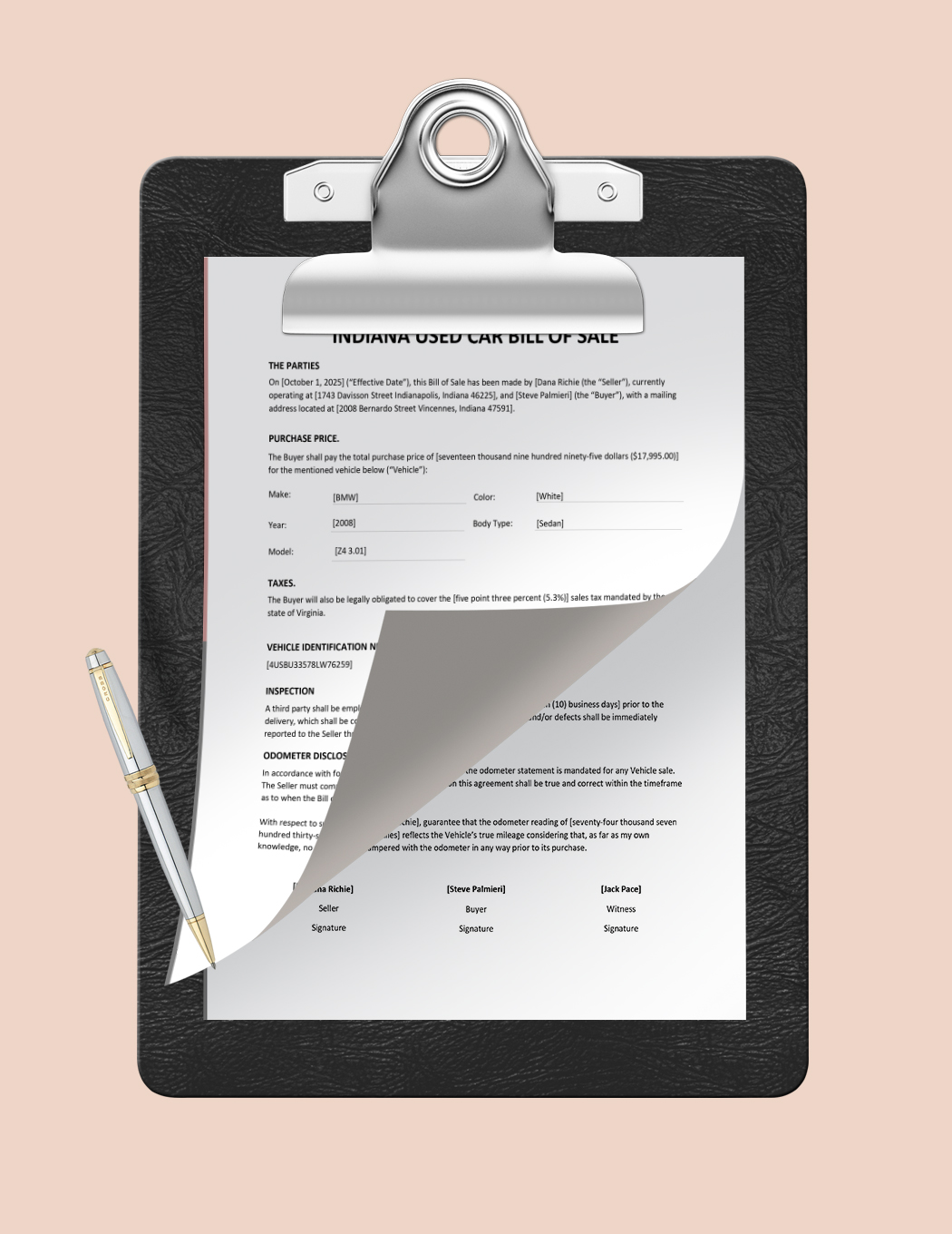 Indiana Used Car Bill of Sale Template