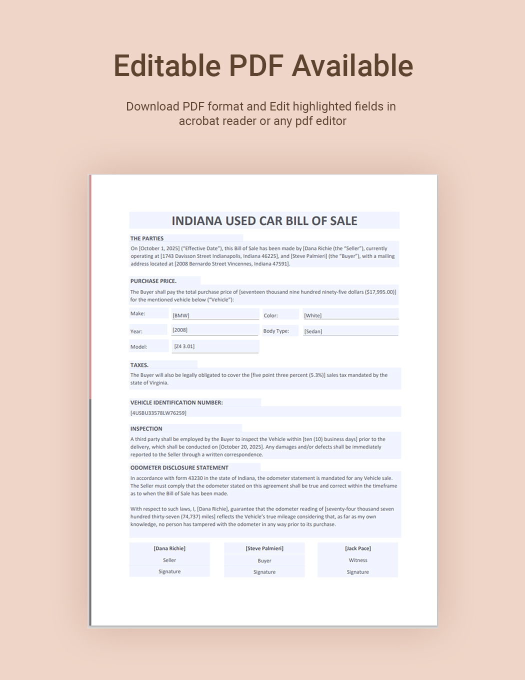Indiana Used Car Bill of Sale Template