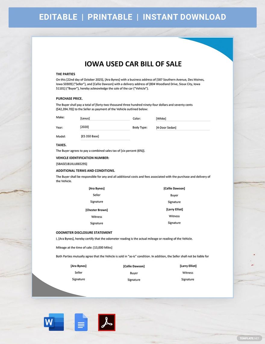 Iowa Used Car Bill of Sale Template