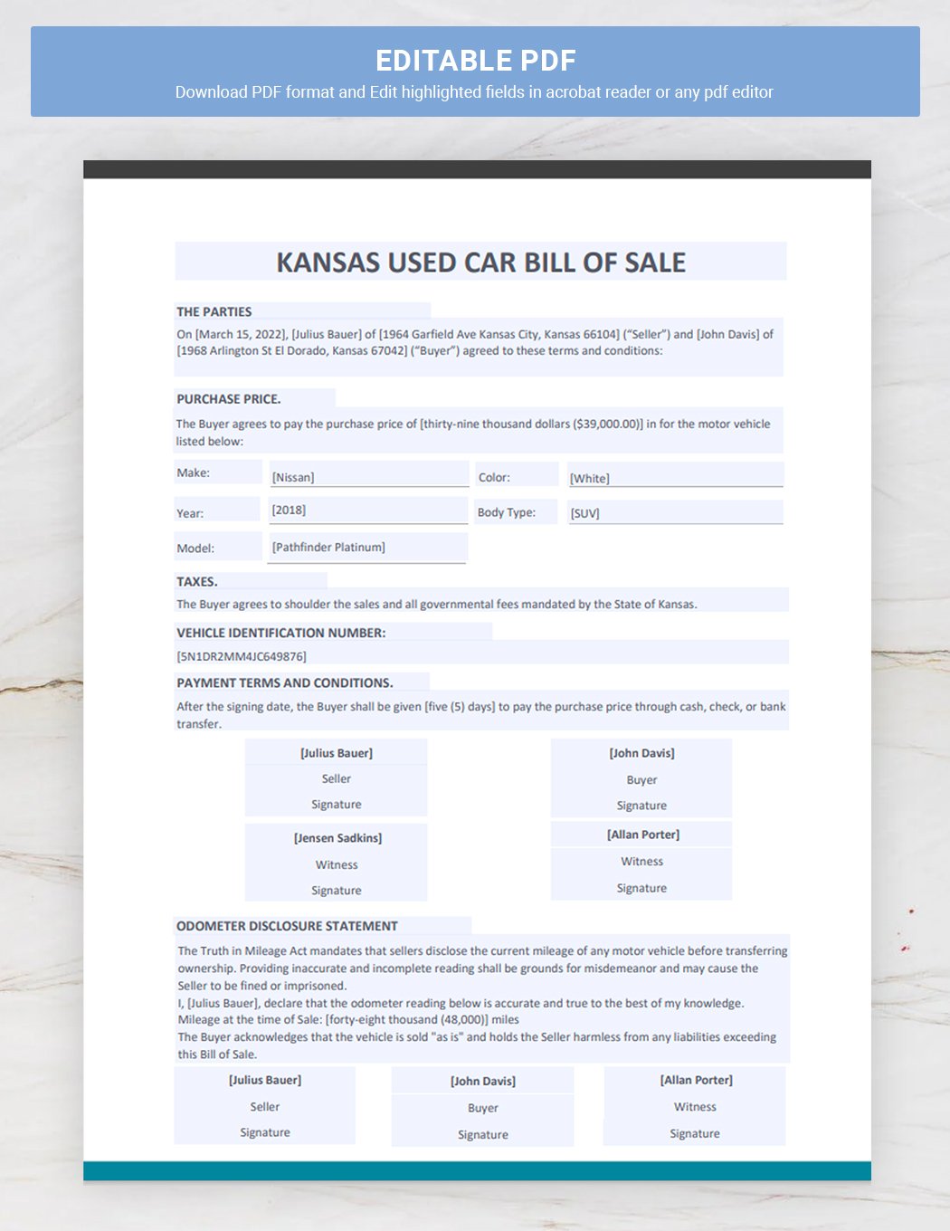 Kansas Used Car Bill of Sale Template