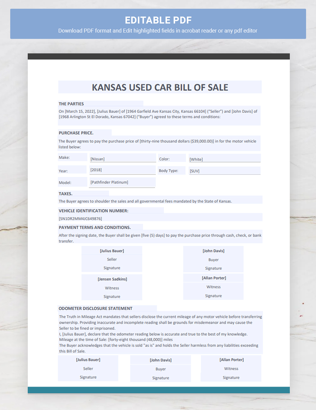 Kansas Used Car Bill Of Sale Template In Word Google Docs PDF Download Template