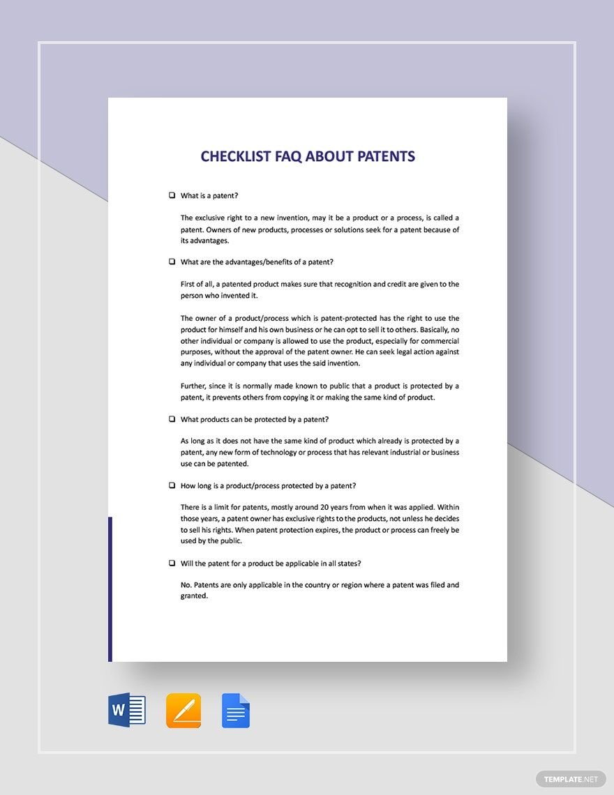 Free Checklist FAQ About Patents Template
