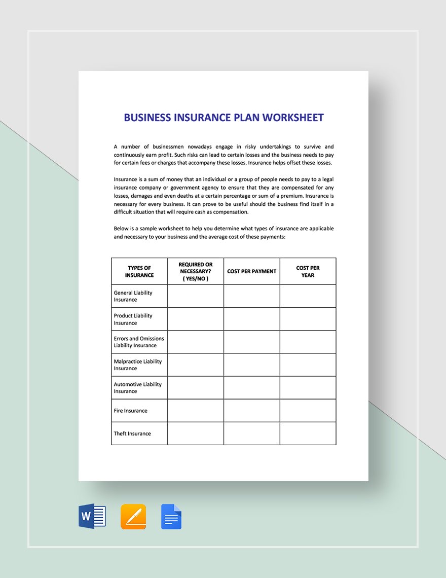 Worksheet Business Insurance Planning Template