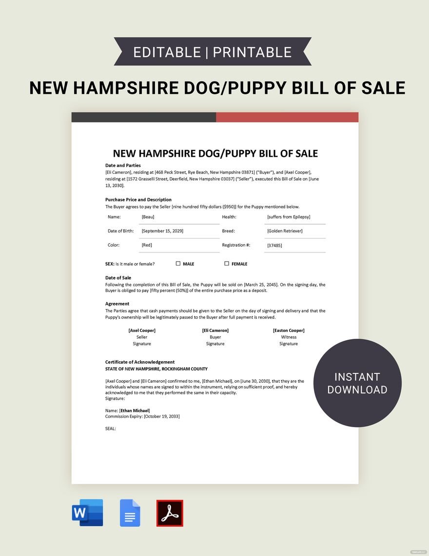 New Hampshire Dog / Puppy Bill of Sale Template