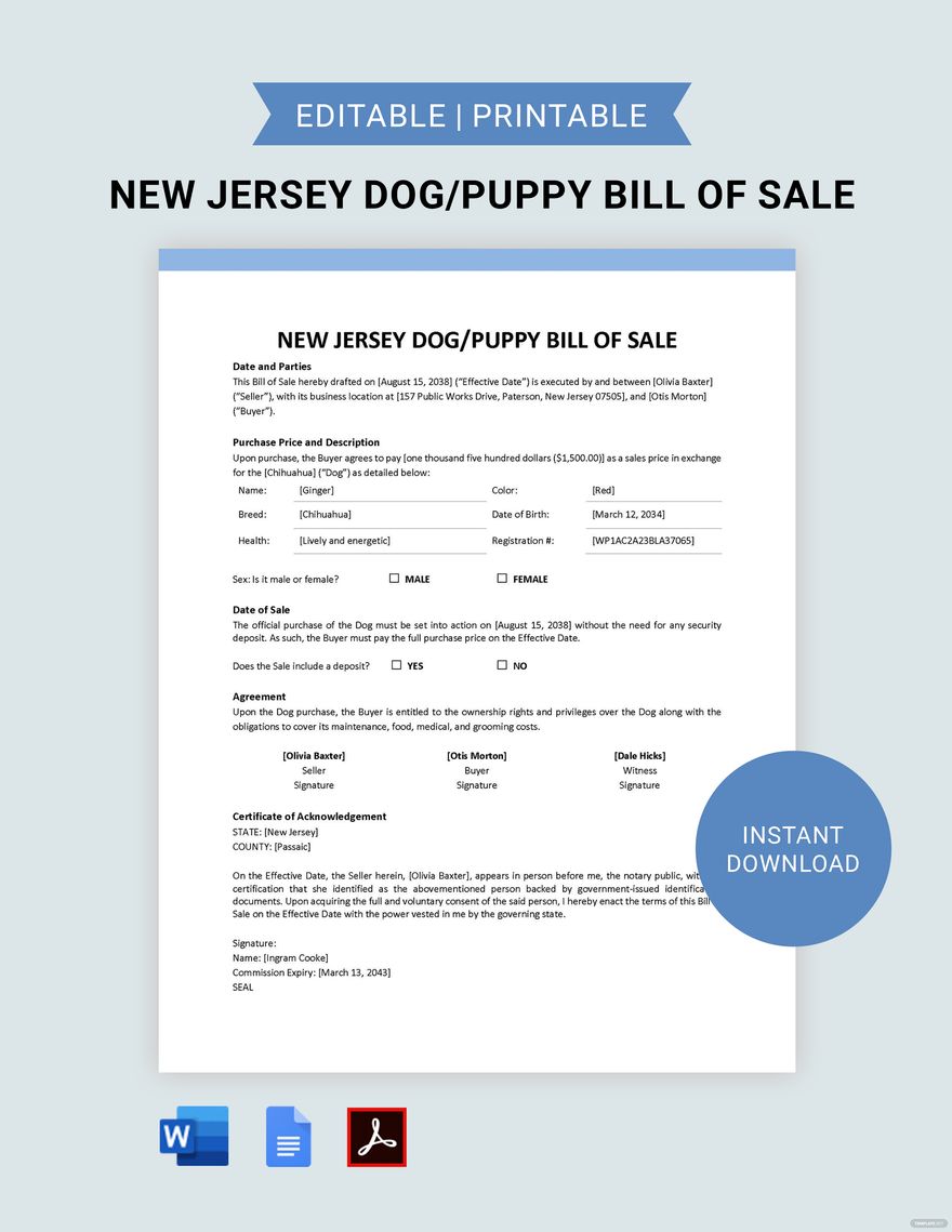 New Jersey Dog / Puppy Bill of Sale Form Template