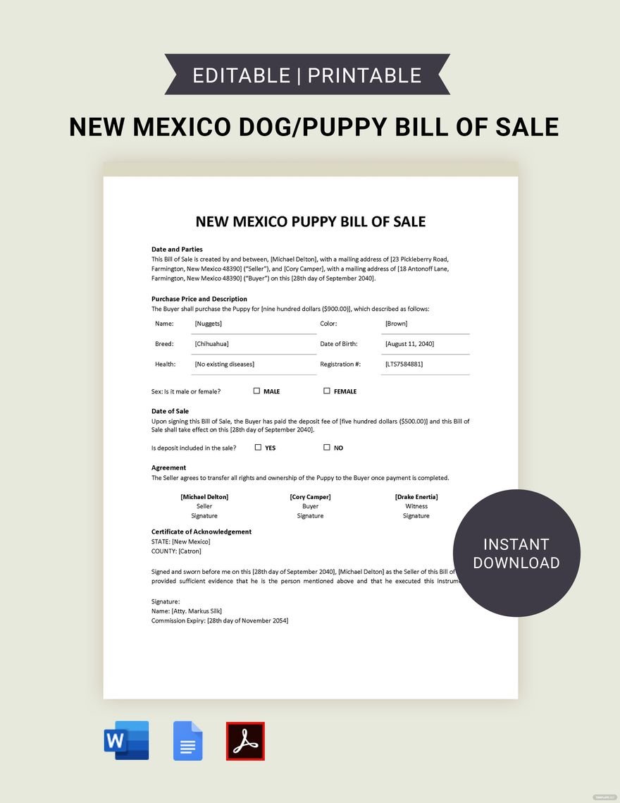 New Mexico Dog / Puppy Bill of Sale Template