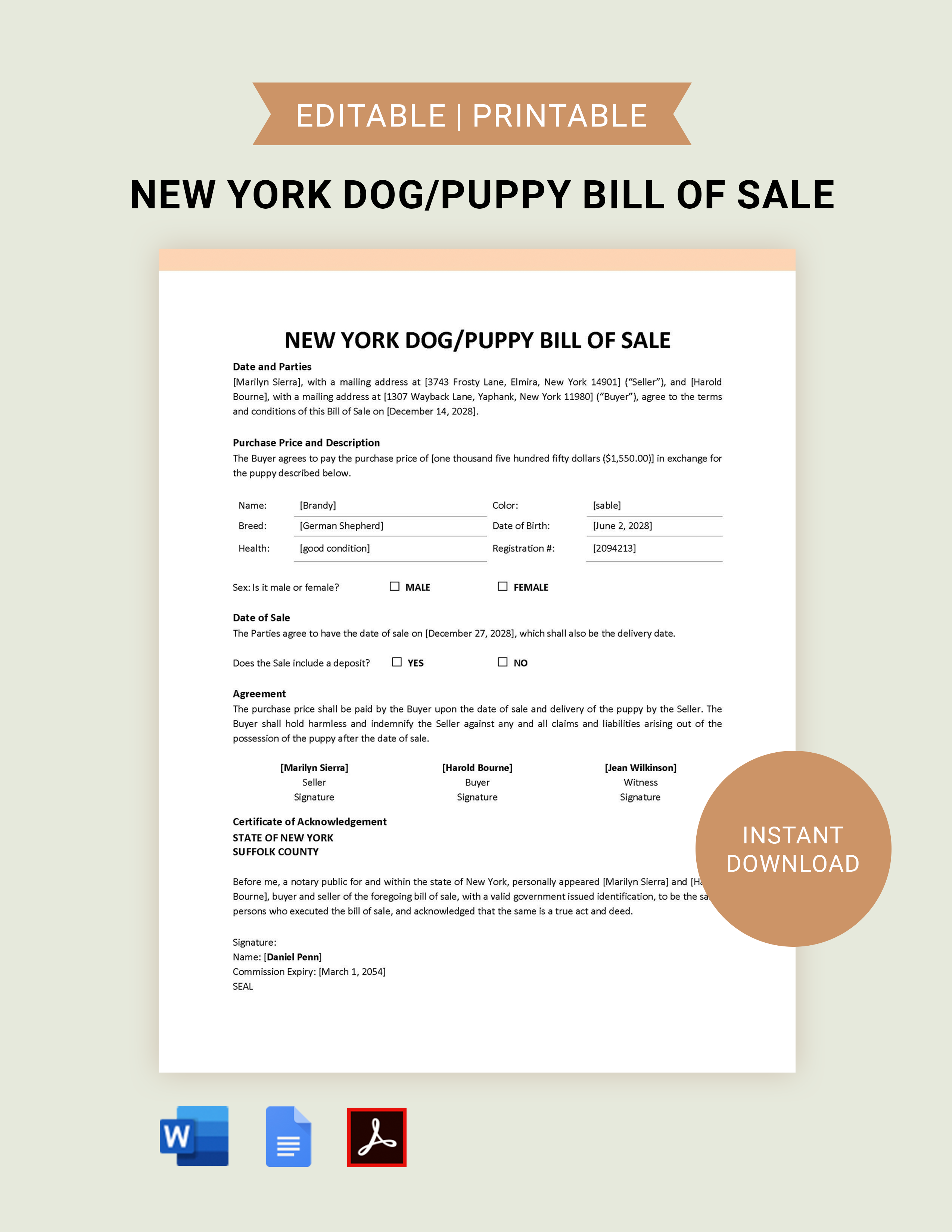 Louisiana Dog / Puppy Bill of Sale Template Google Docs, Word, PDF