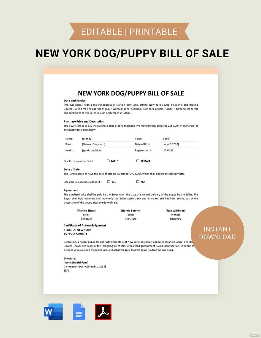 New York Dog / Puppy Bill of Sale Template