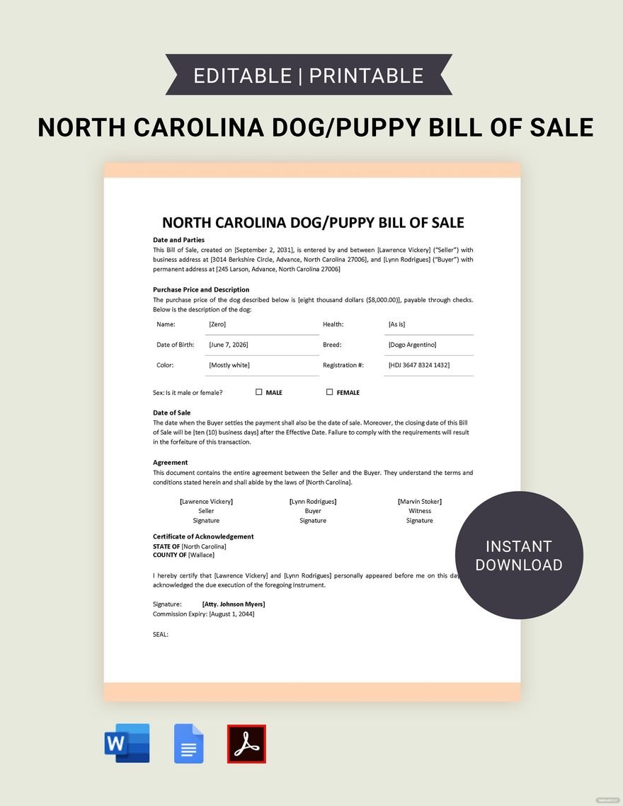 North Carolina Dog / Puppy Bill of Sale Template