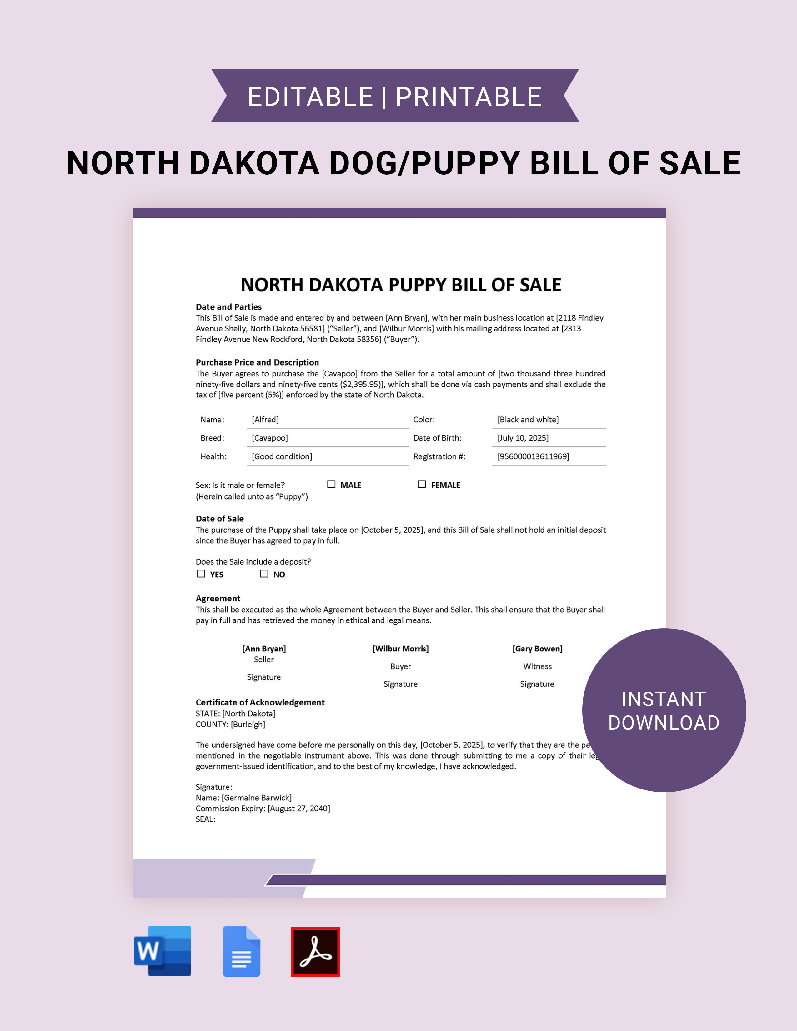 North Dakota Dog  Puppy Bill of Sale Template