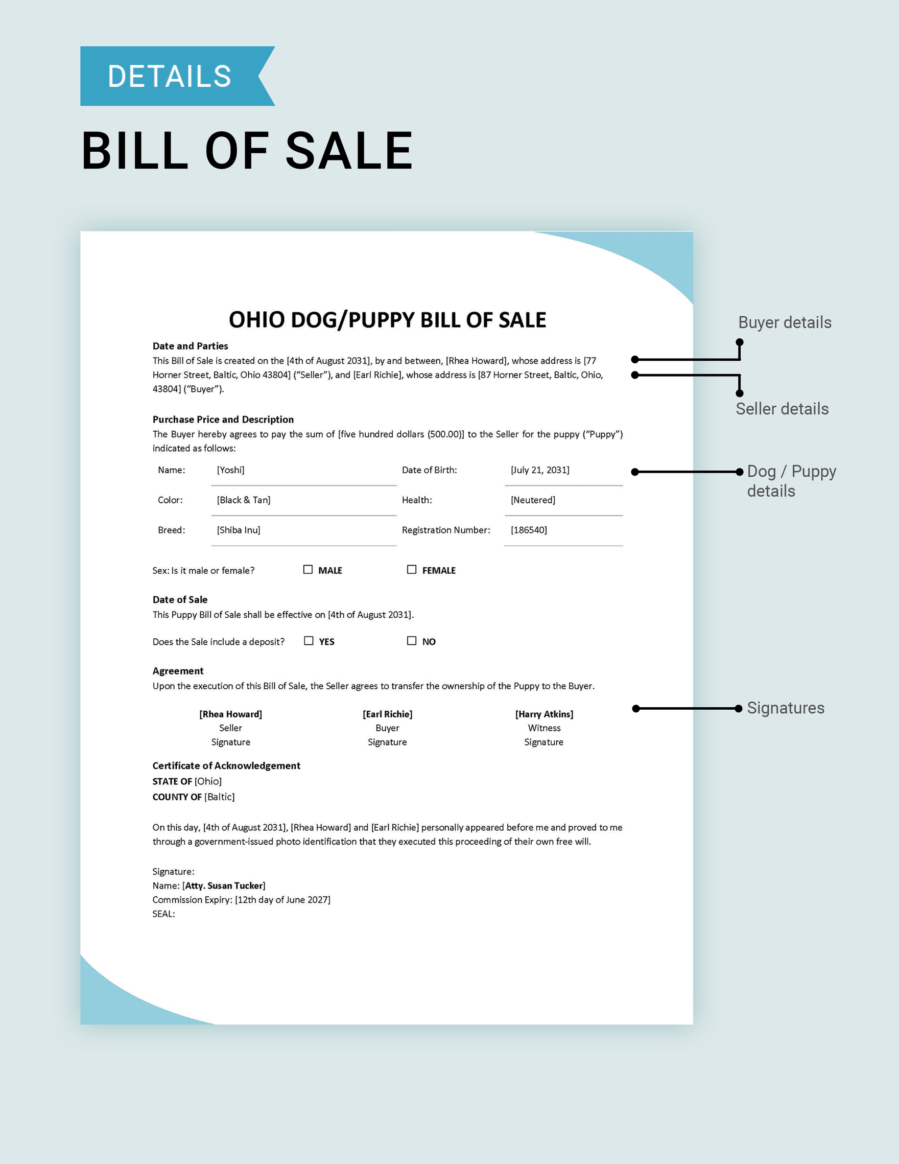 Ohio Dog / Puppy Bill of Sale Template