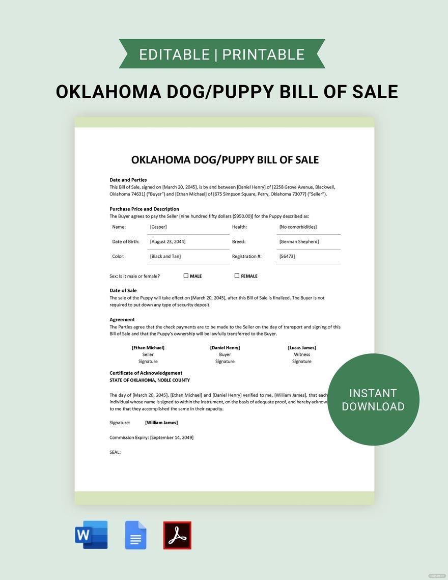 Oklahoma Dog / Puppy Bill of Sale Template