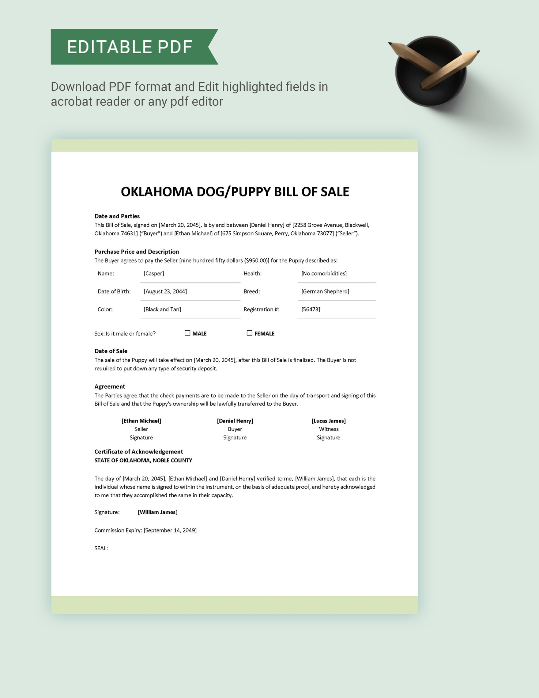 Oklahoma Dog / Puppy Bill of Sale Template