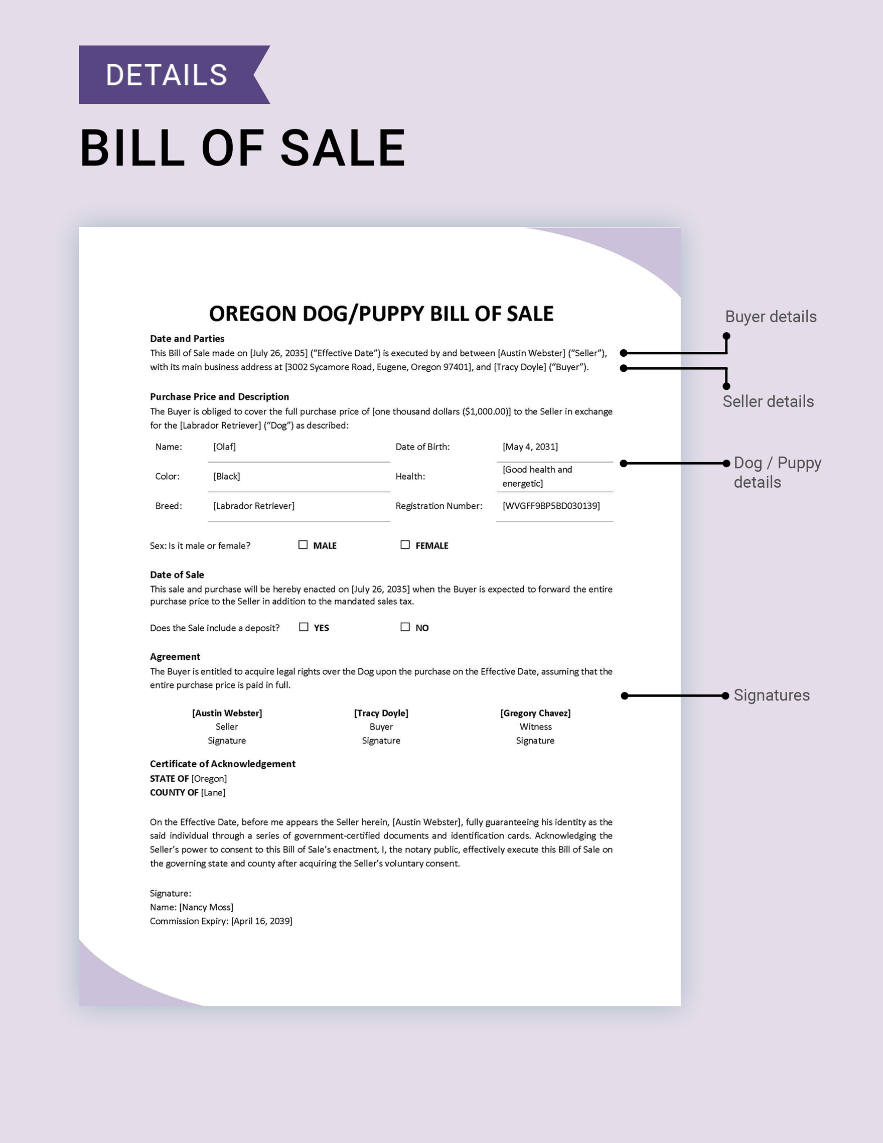 Oregon Dog / Puppy Bill of Sale Template