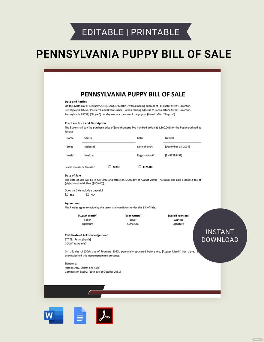 Pennsylvania Dog / Puppy Bill of Sale Template