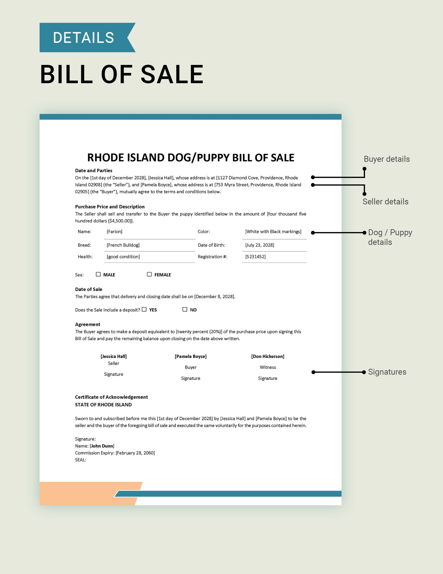 Rhode Island Dog / Puppy Bill of Sale Template