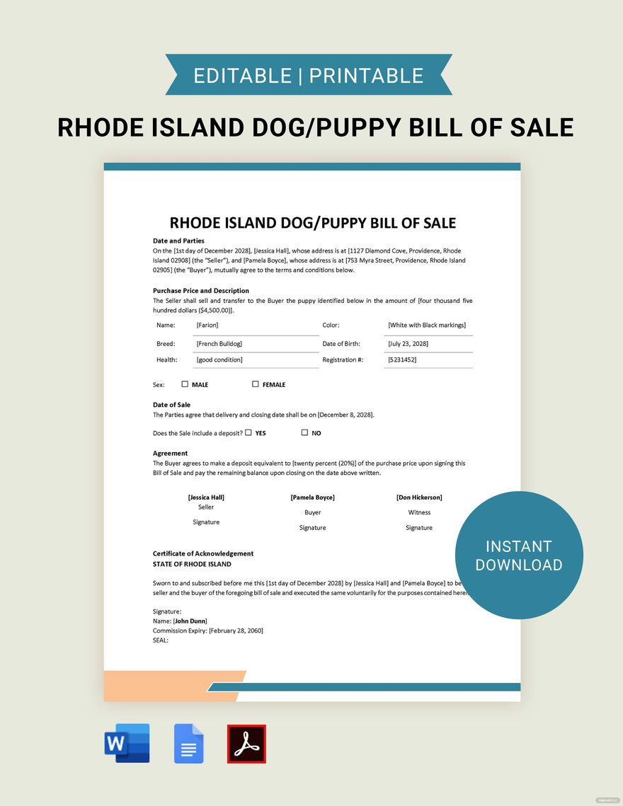 Rhode Island Dog / Puppy Bill of Sale Template