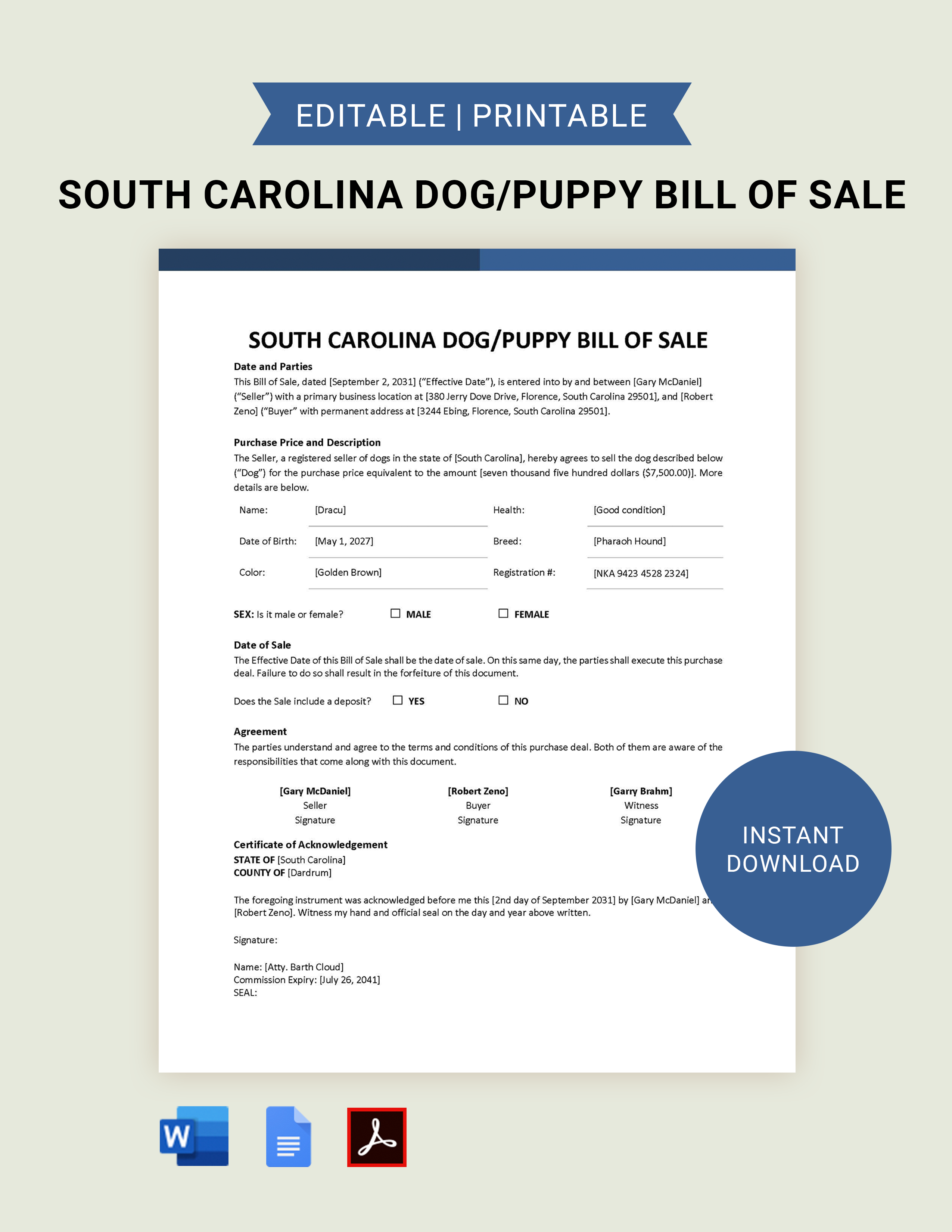 South Carolina Dog  Puppy Bill of Sale Template