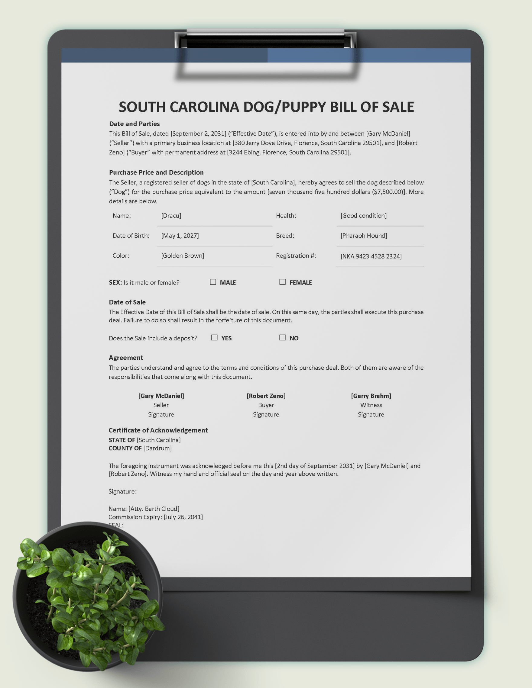South Carolina Dog / Puppy Bill of Sale Template