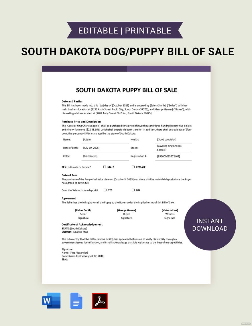 South Dakota Dog / Puppy Bill of Sale Template