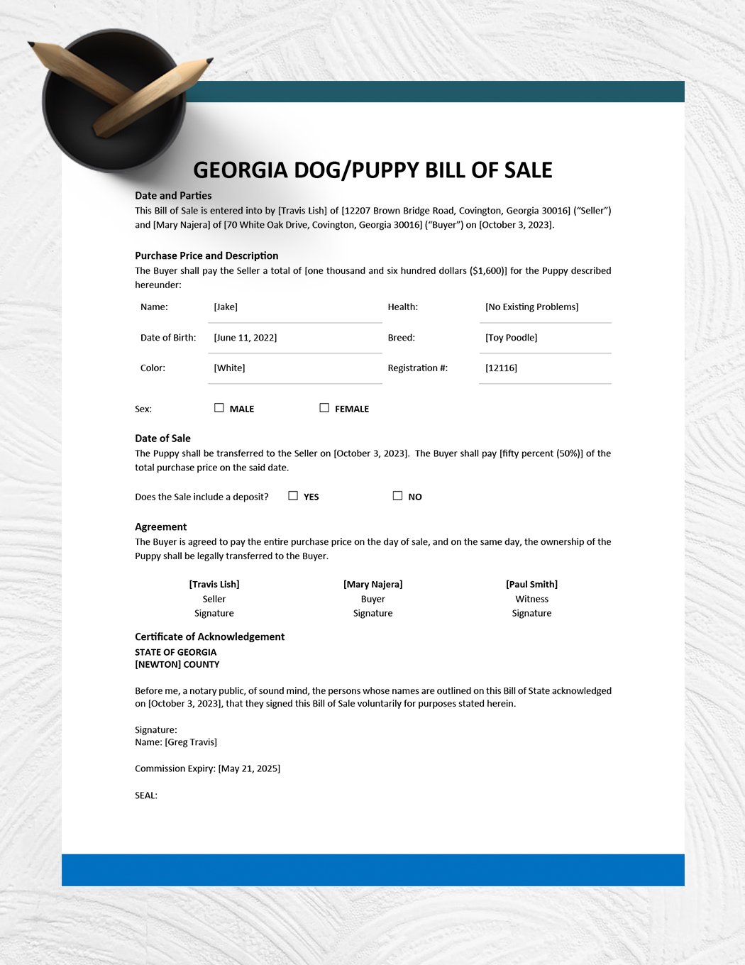 Georgia Dog / Puppy Bill of Sale Template