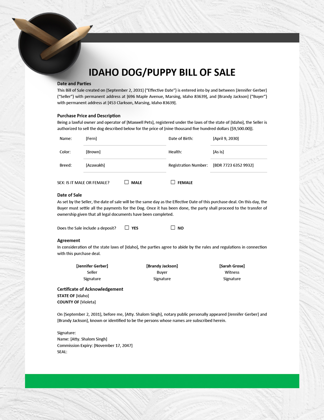 Idaho Dog / Puppy Bill of Sale Template
