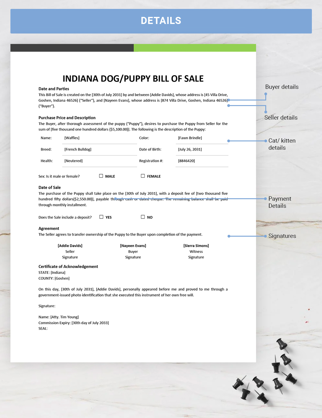 Indiana Dog / Puppy Bill of Sale Form Template
