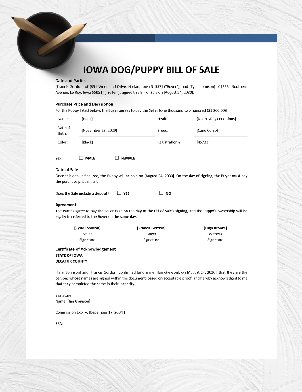 Iowa Dog / Puppy Bill of Sale Template