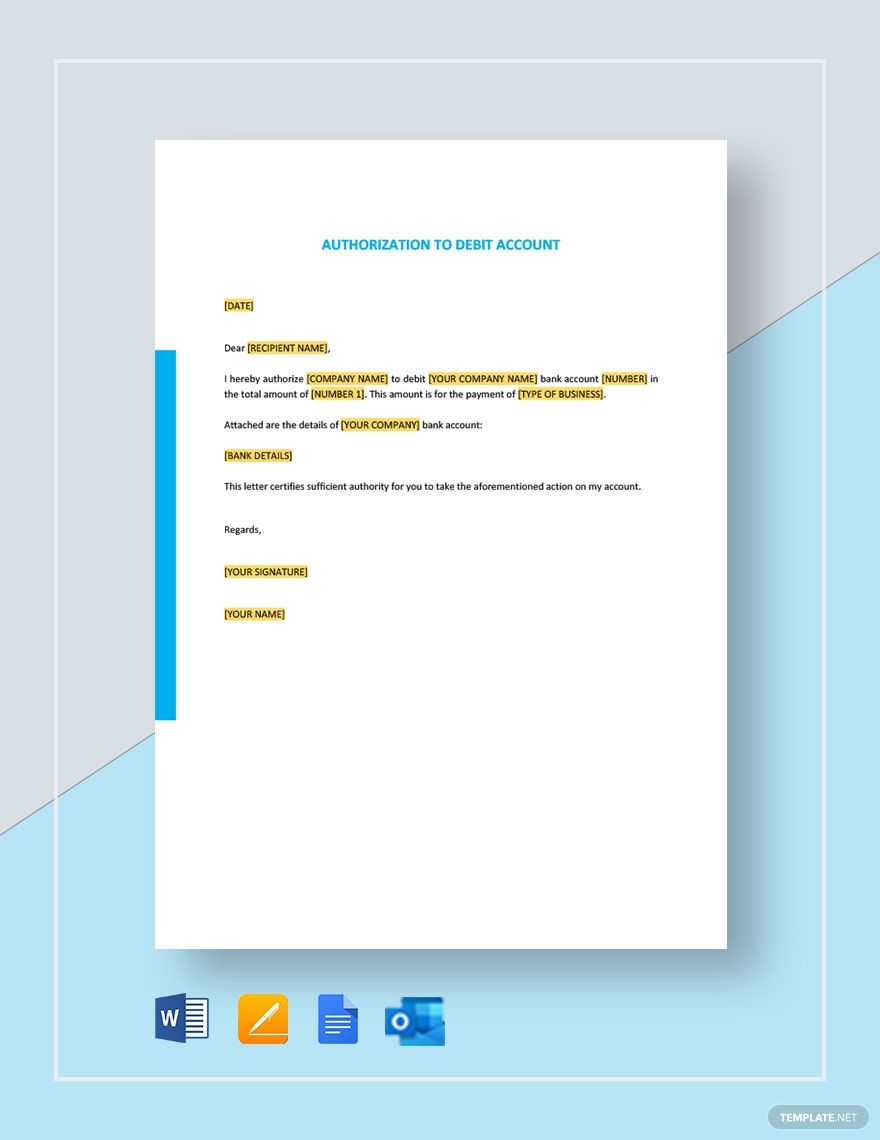 Authorization to Debit Account Template in Word, Google Docs, PDF, Apple Pages, Outlook