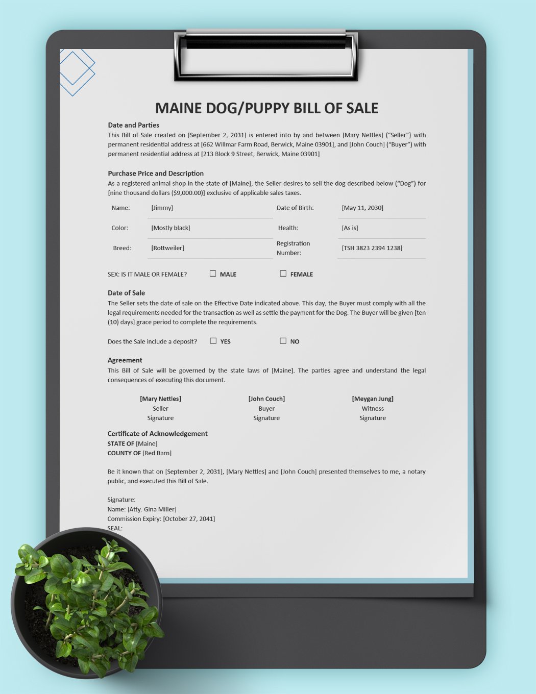 Maine Dog / Puppy Bill of Sale Template