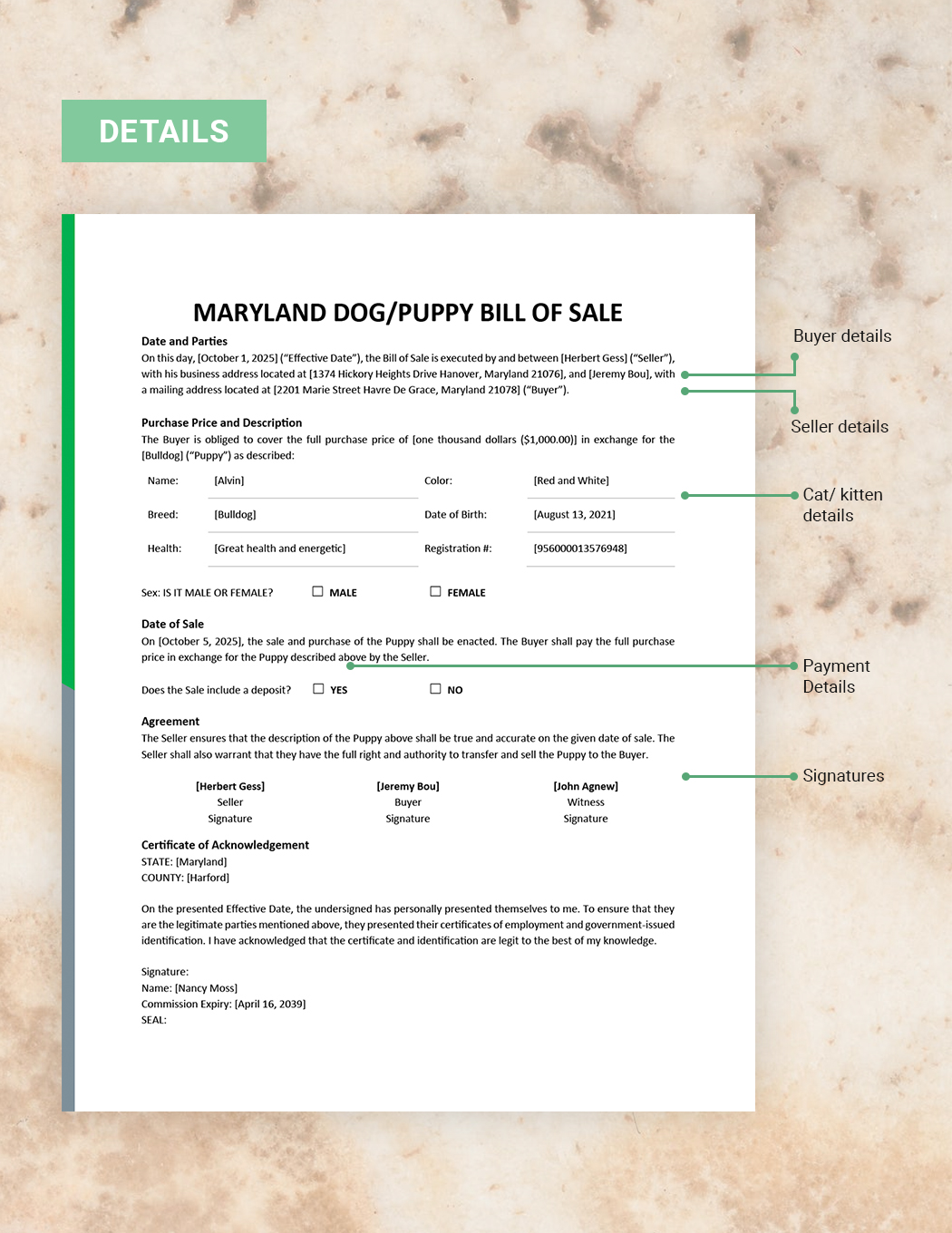 Maryland Dog / Puppy Bill of Sale Template