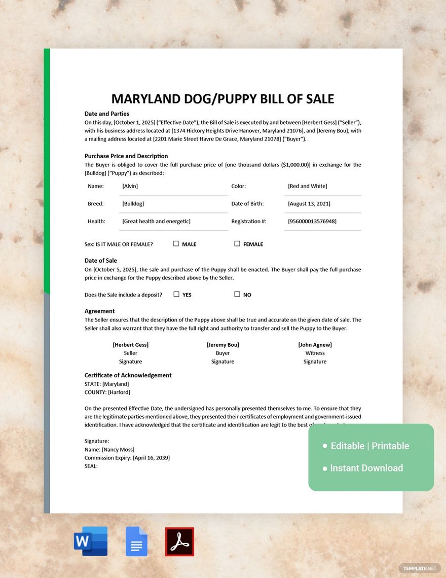 Maryland Dog / Puppy Bill of Sale Template