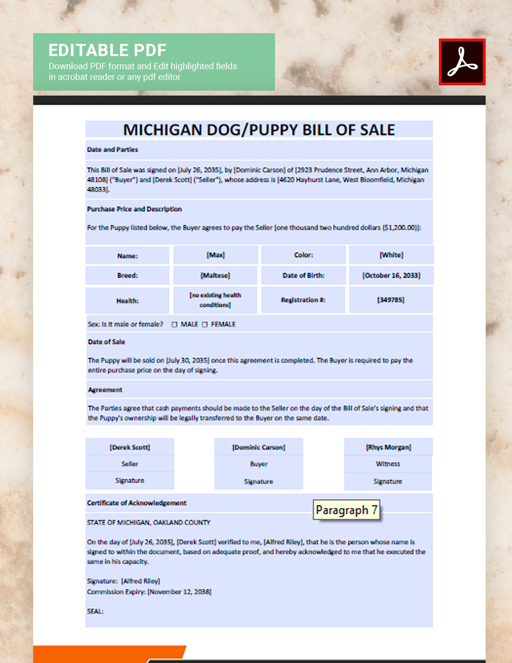      Michigan Dog / Puppy Bill of Sale Template
