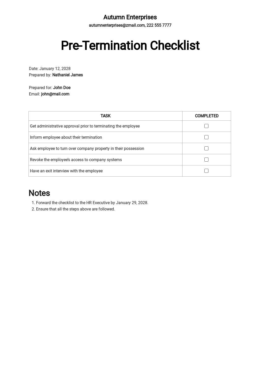 Sample Termination Checklist Template in Google Docs, Word, Apple Pages