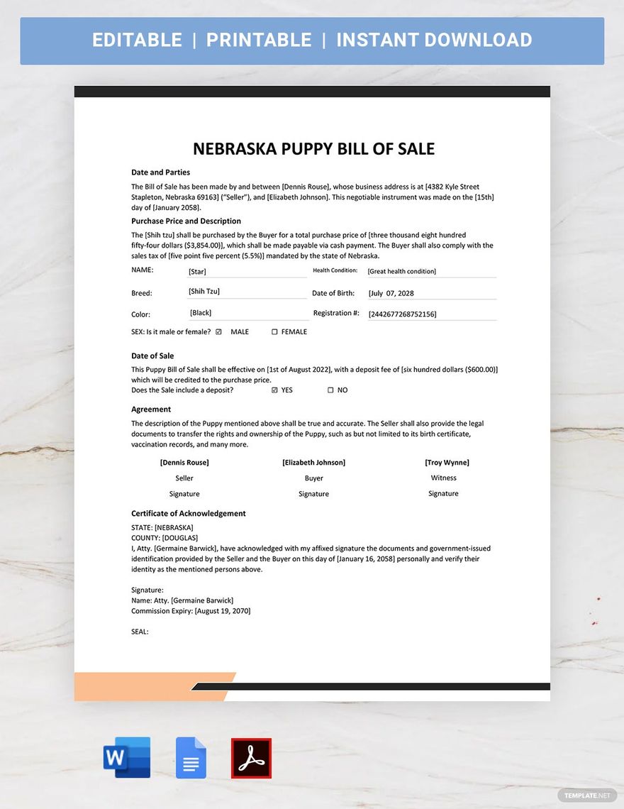 Nebraska Dog / Puppy Bill of Sale Form Template
