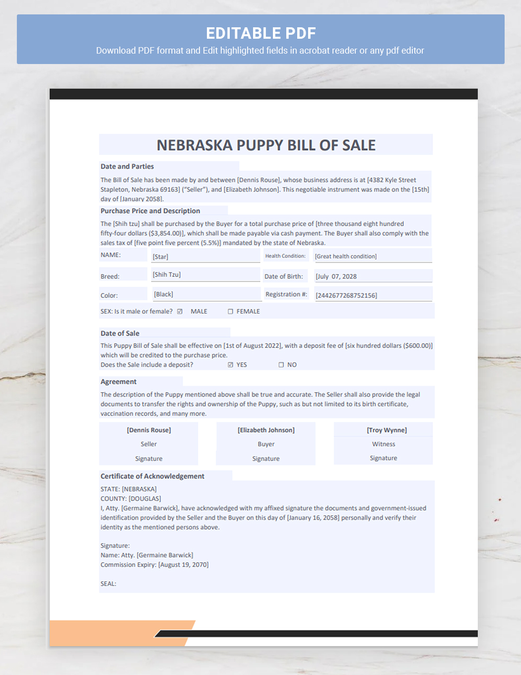 Nebraska Dog / Puppy Bill of Sale Form Template