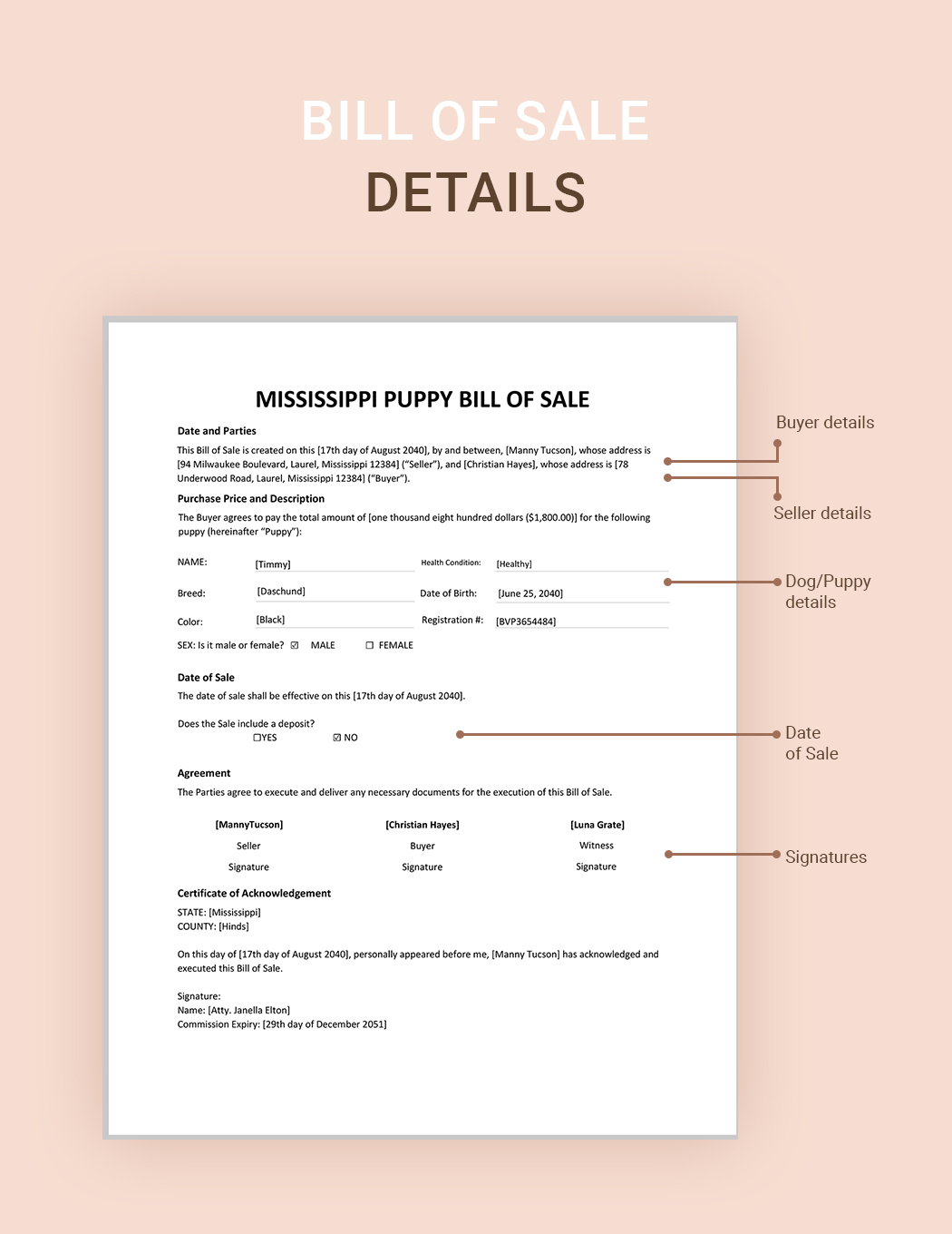 Mississippi Dog  Puppy / Bill of Sale Template