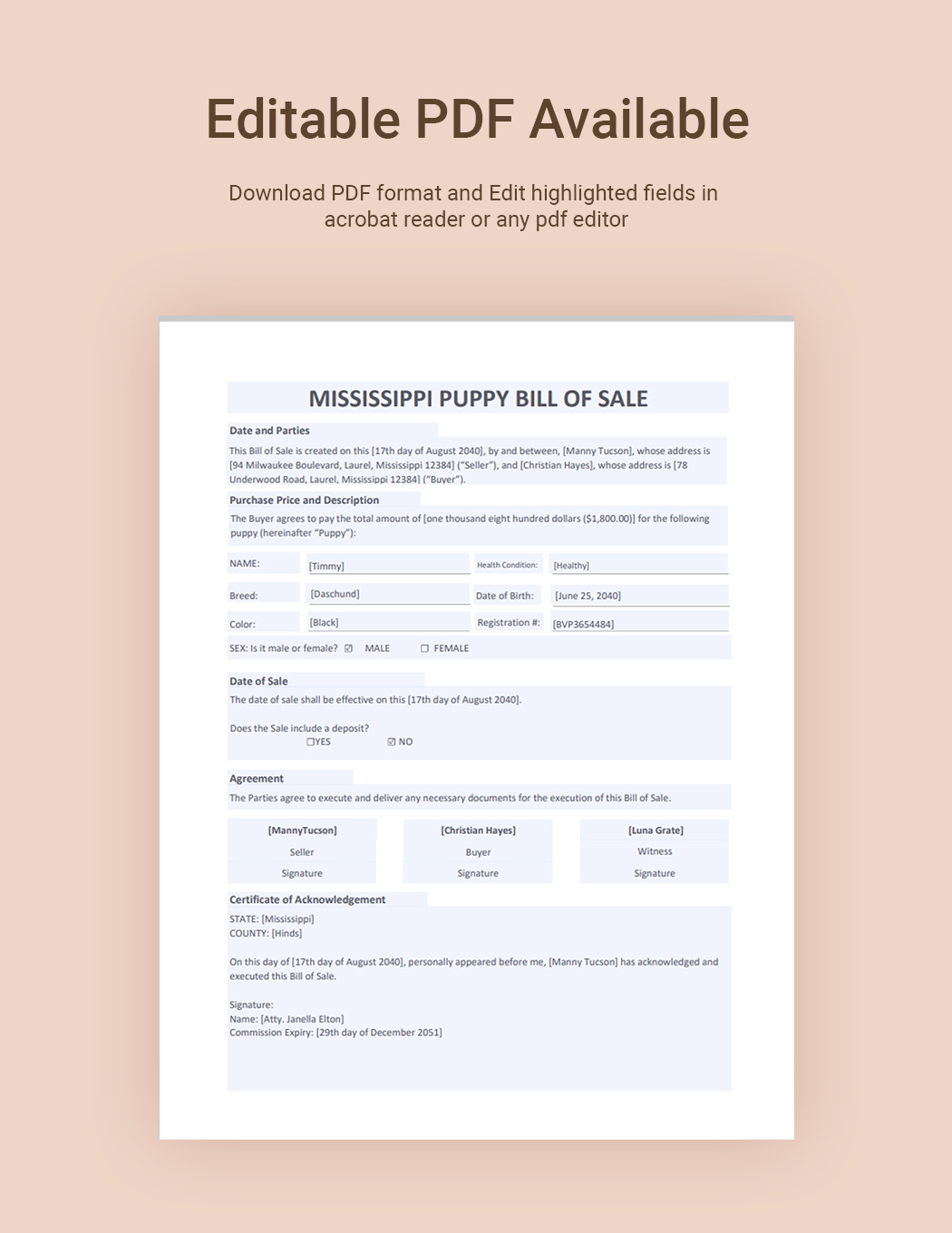Mississippi Dog  Puppy / Bill of Sale Template