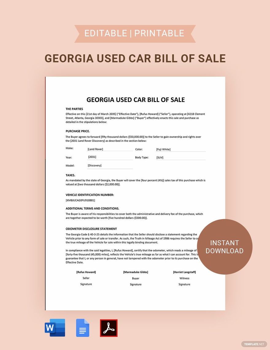Georgia Used Car Bill of Sale Template