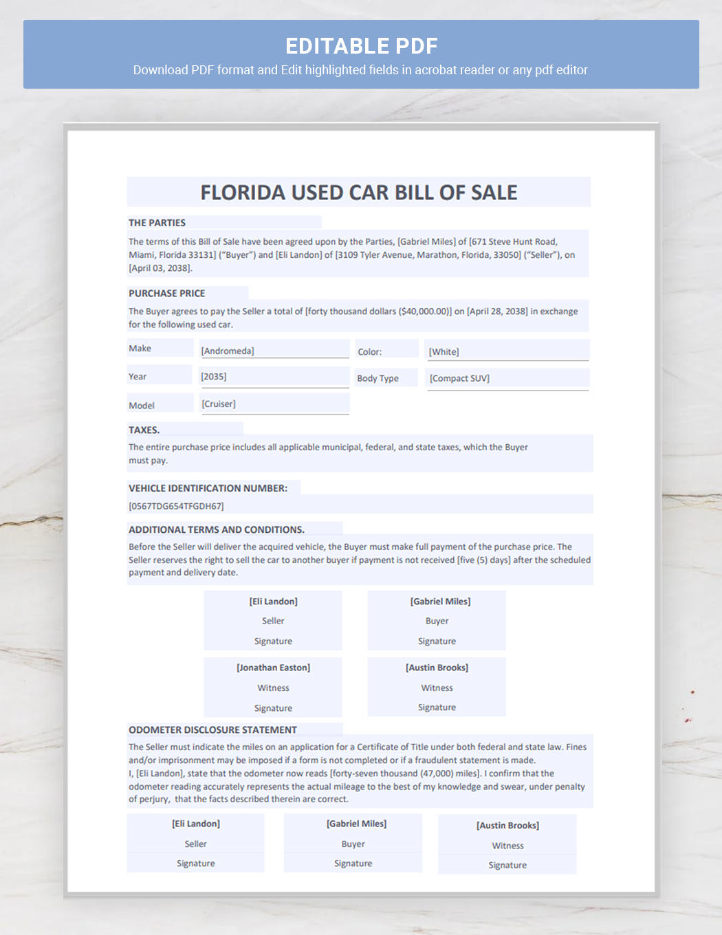 Florida Used Car Bill of Sale Template