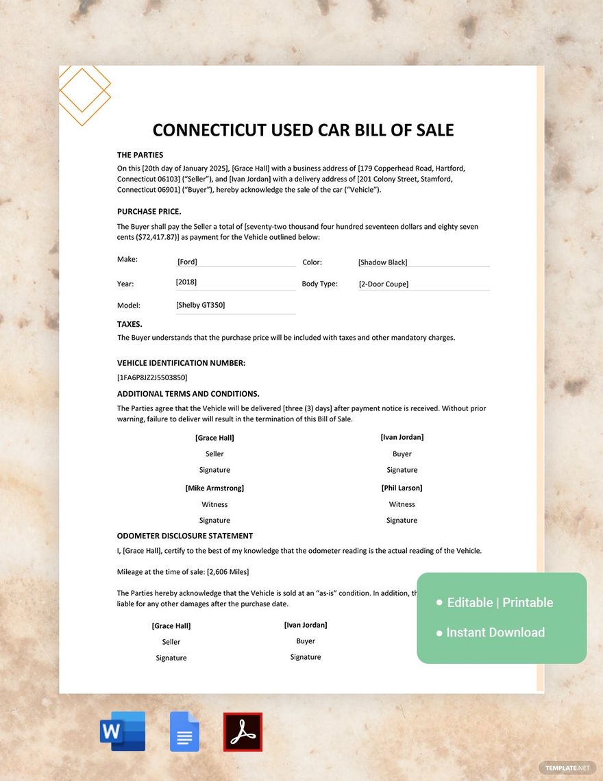 Connecticut Used Car Bill of Sale Template