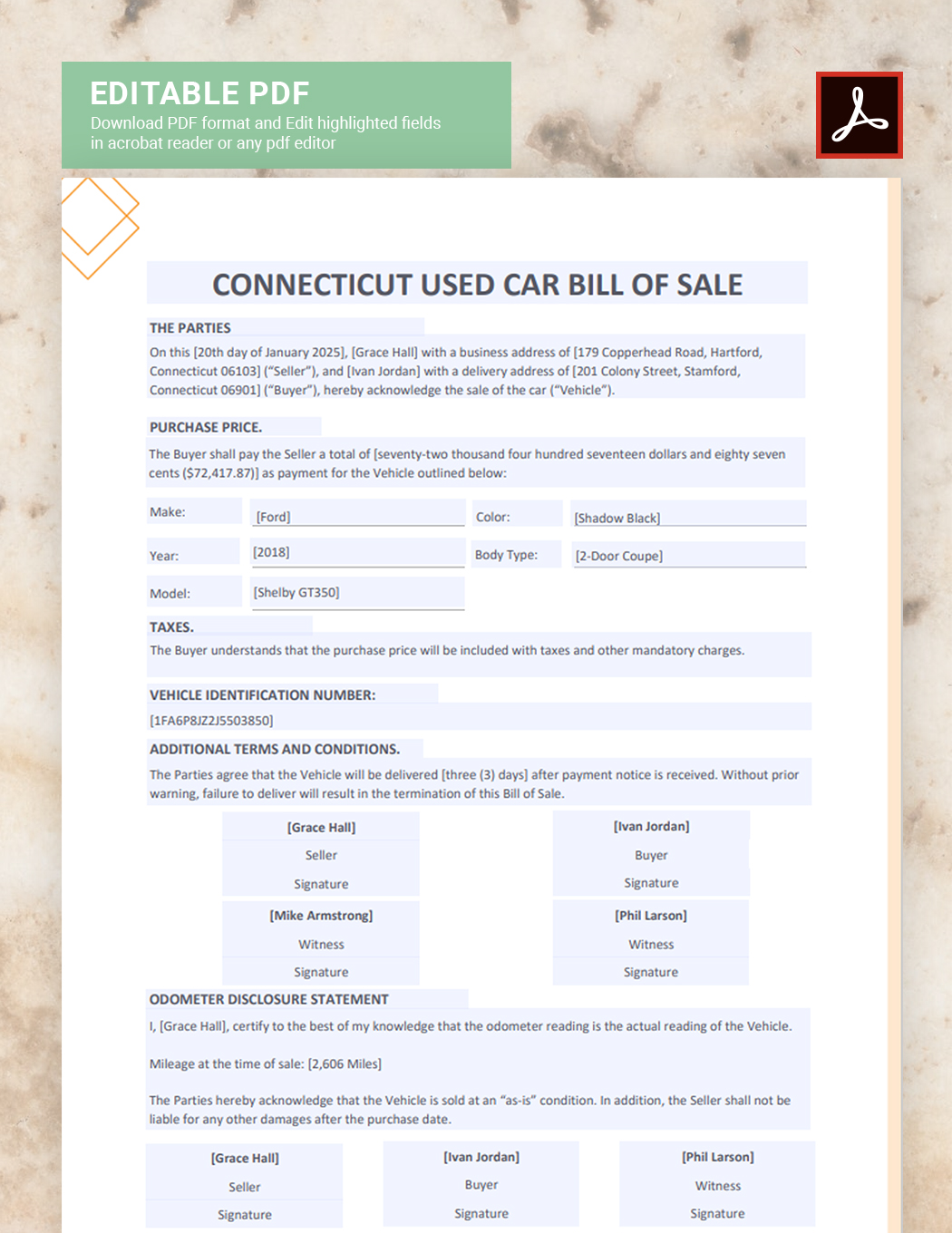 Connecticut Used Car Bill of Sale Template