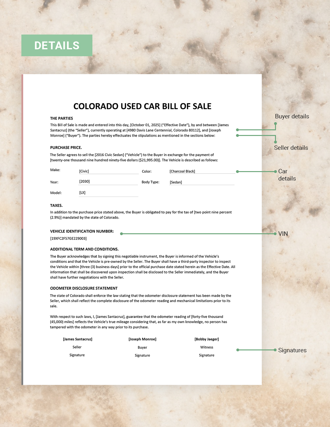 Colorado Used Car Bill of Sale Template