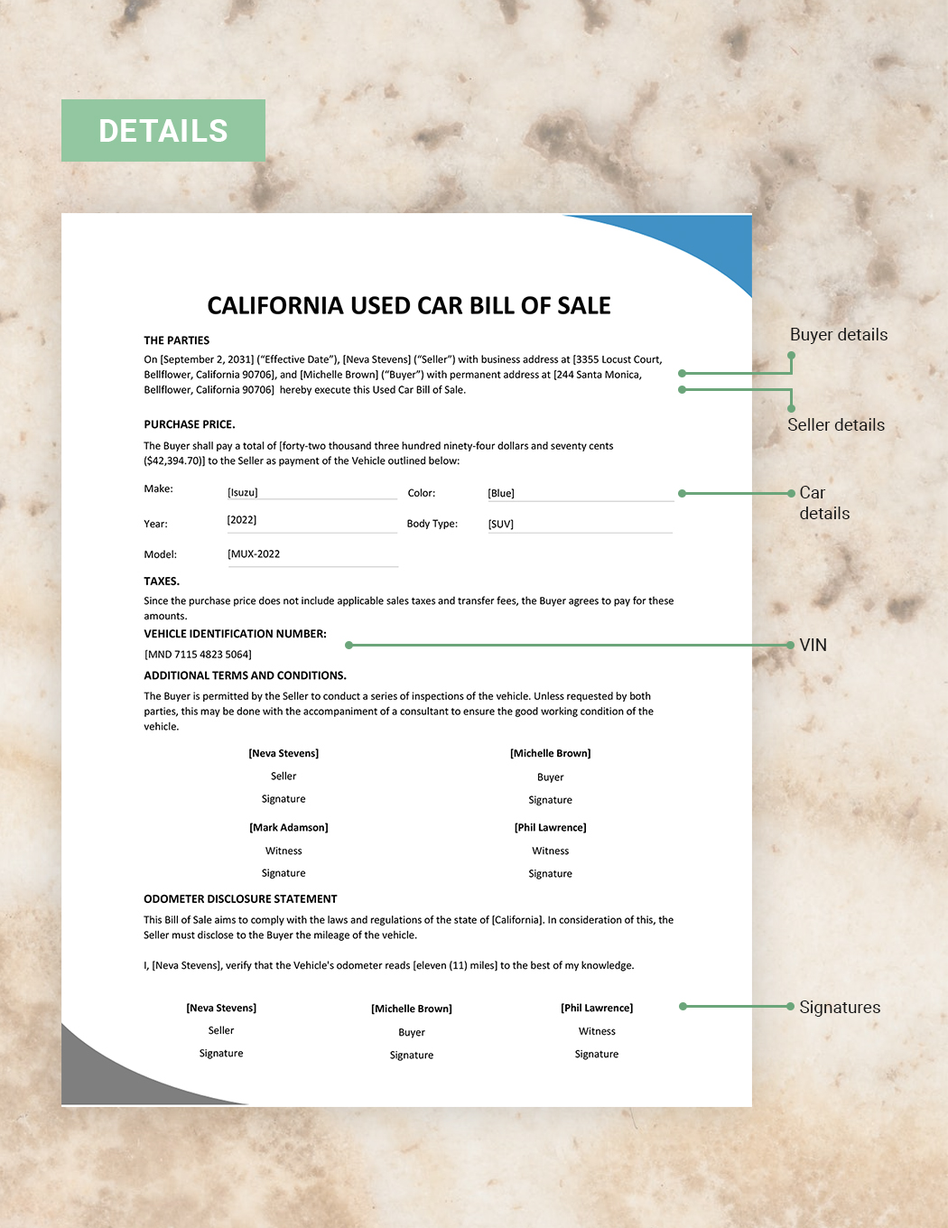 California Used Car Bill Of Sale Template