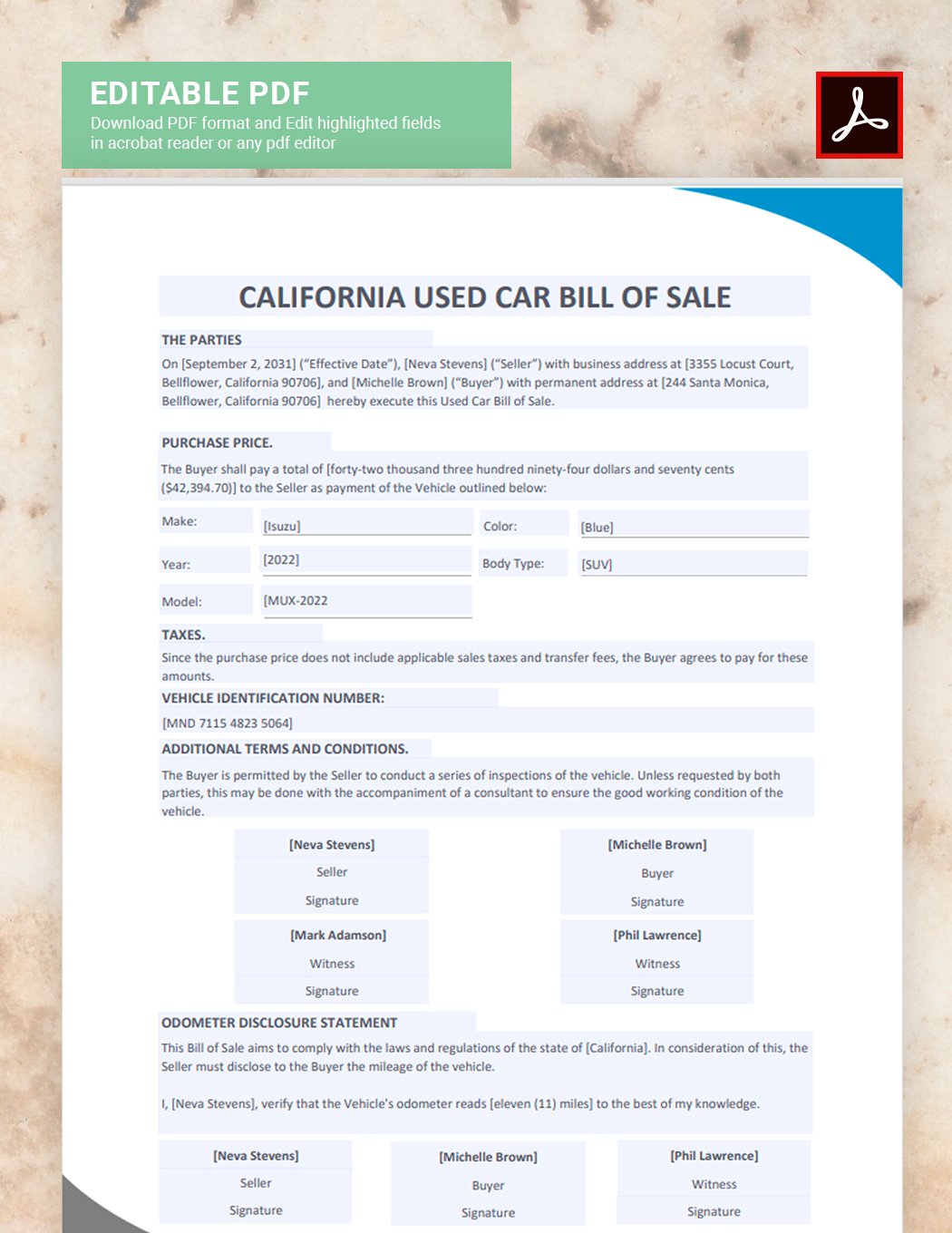 California Used Car Bill Of Sale Template
